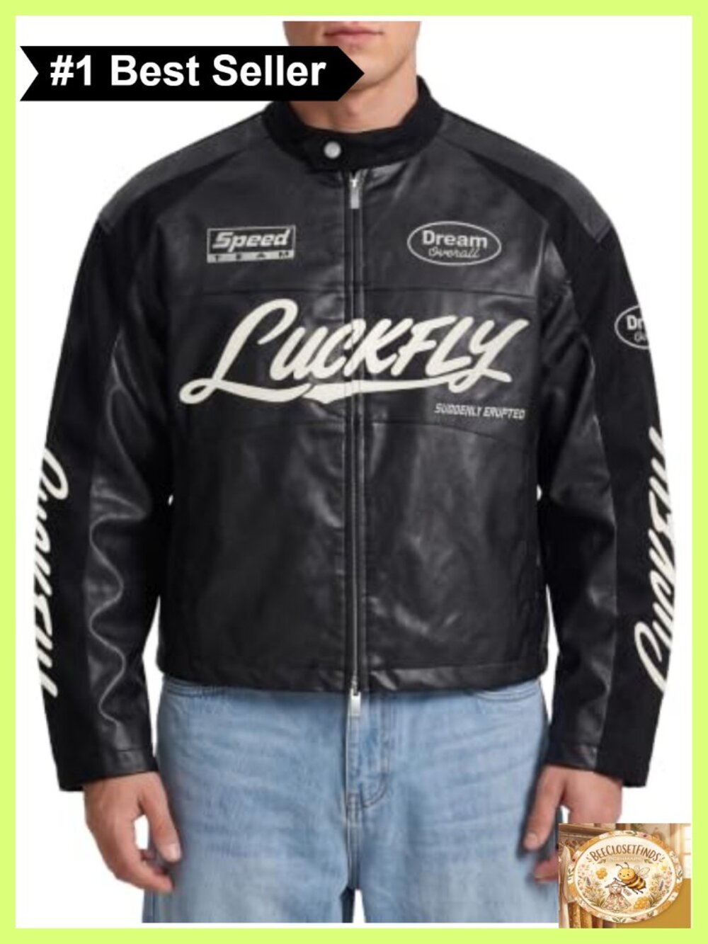 Men's Cropped Faux Leather Moto Bomber Jacket Embroidered Racing